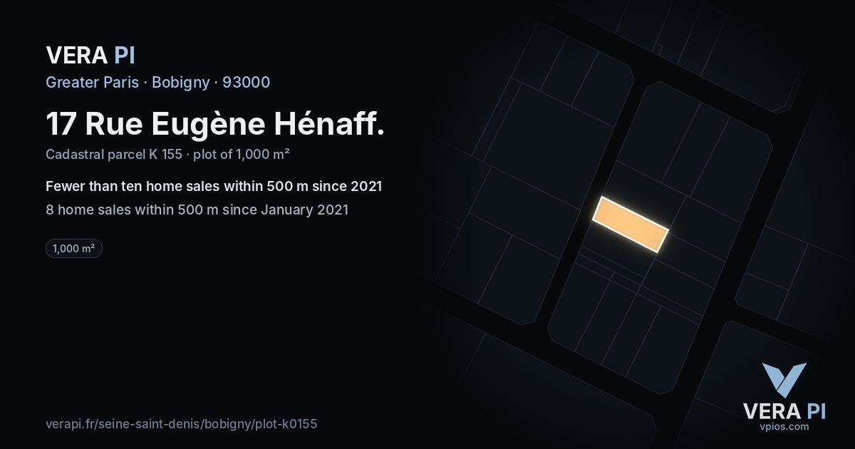 17 Rue Eugène Hénaff, Bobigny at night – the plot lit, the parcels around coloured by the prices near them