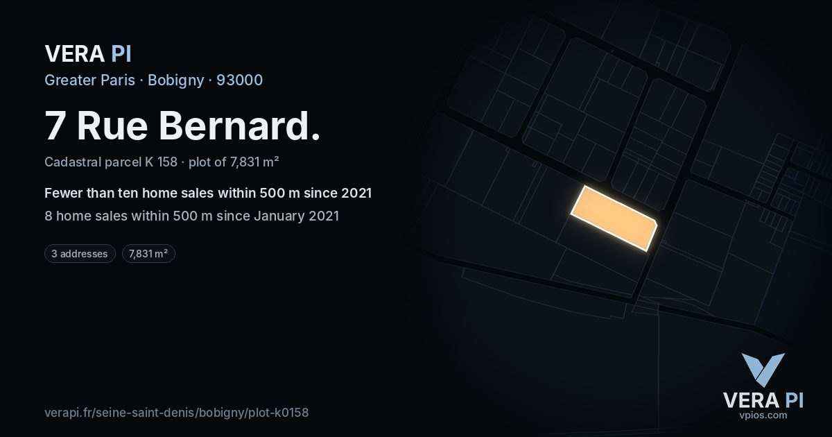 7 Rue Bernard, Bobigny at night – the plot lit, the parcels around coloured by the prices near them