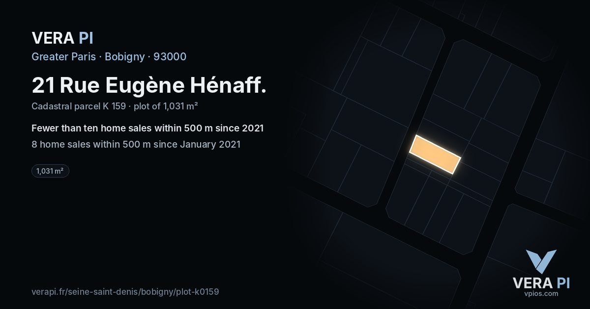 21 Rue Eugène Hénaff, Bobigny at night – the plot lit, the parcels around coloured by the prices near them