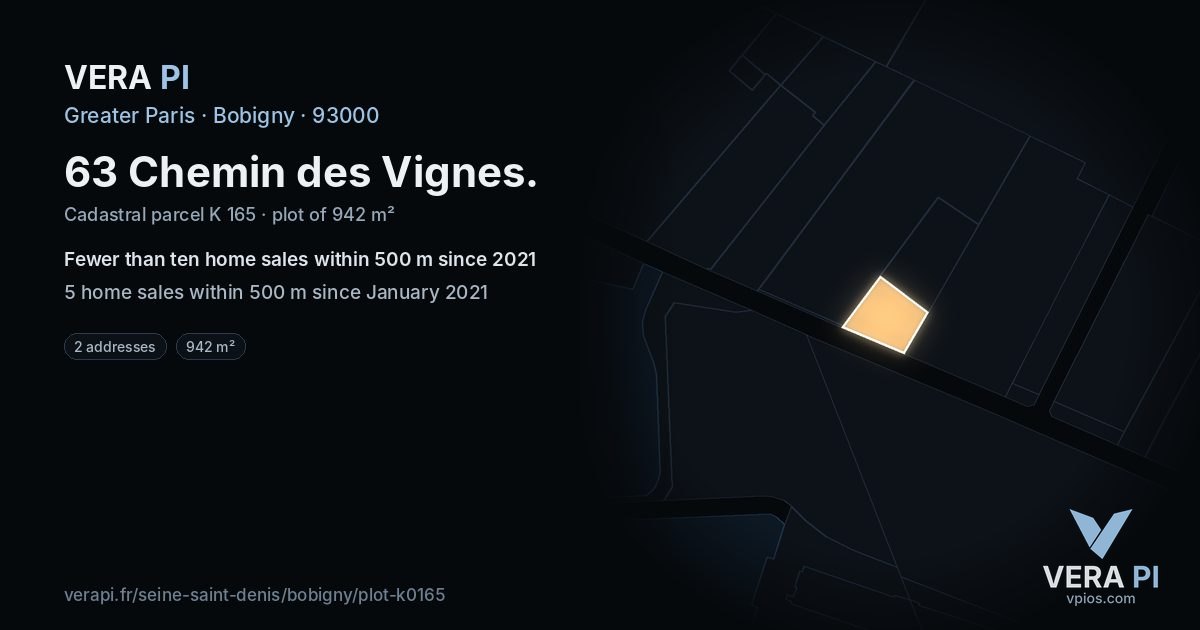 63 Chemin des Vignes, Bobigny at night – the plot lit, the parcels around coloured by the prices near them