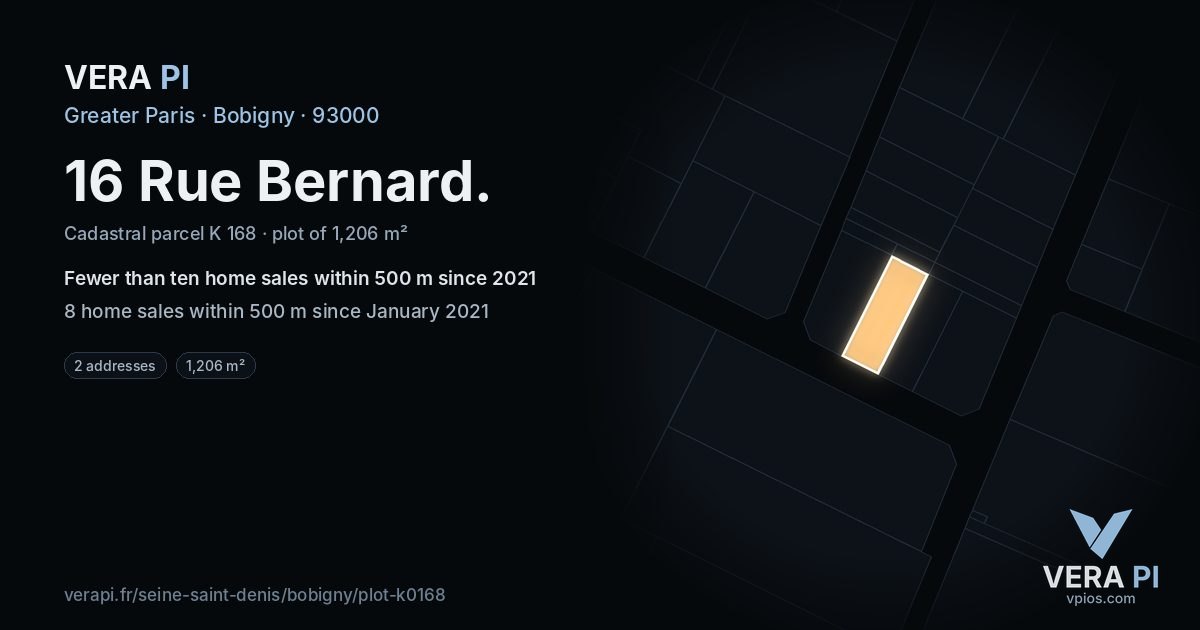 16 Rue Bernard, Bobigny at night – the plot lit, the parcels around coloured by the prices near them