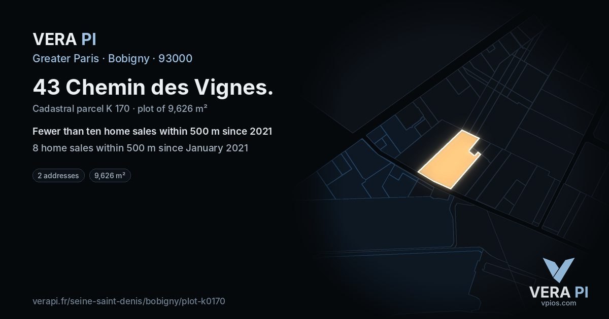 43 Chemin des Vignes, Bobigny at night – the plot lit, the parcels around coloured by the prices near them