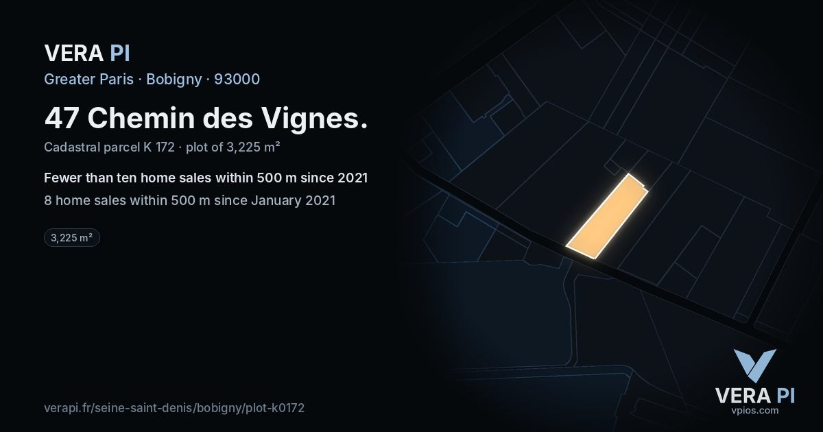 47 Chemin des Vignes, Bobigny at night – the plot lit, the parcels around coloured by the prices near them