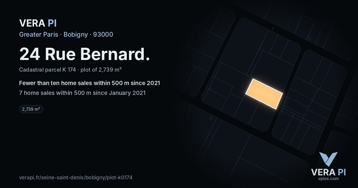 24 Rue Bernard, Bobigny at night – the plot lit, the parcels around coloured by the prices near them