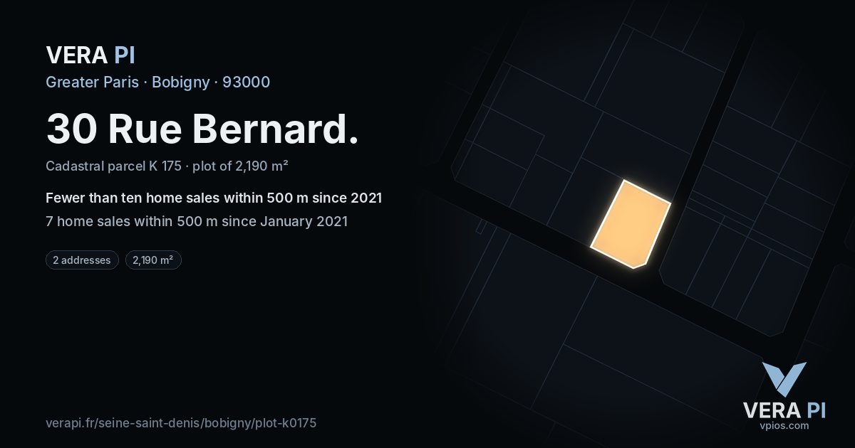 30 Rue Bernard, Bobigny at night – the plot lit, the parcels around coloured by the prices near them