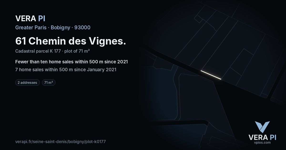 61 Chemin des Vignes, Bobigny at night – the plot lit, the parcels around coloured by the prices near them