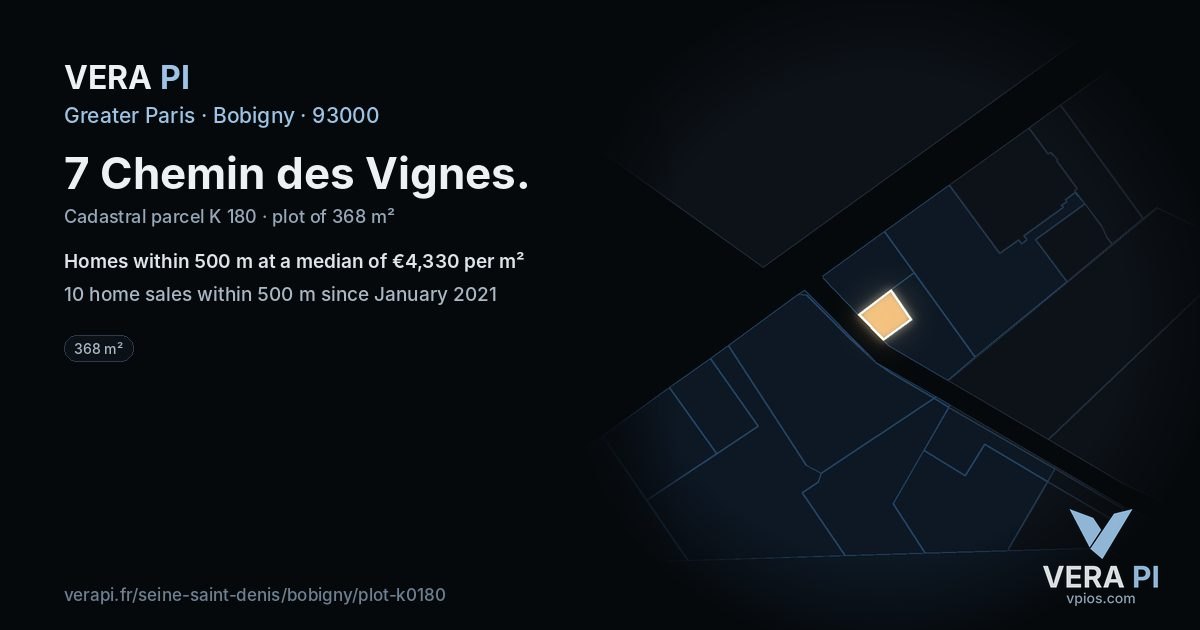 7 Chemin des Vignes, Bobigny at night – the plot lit, the parcels around coloured by the prices near them