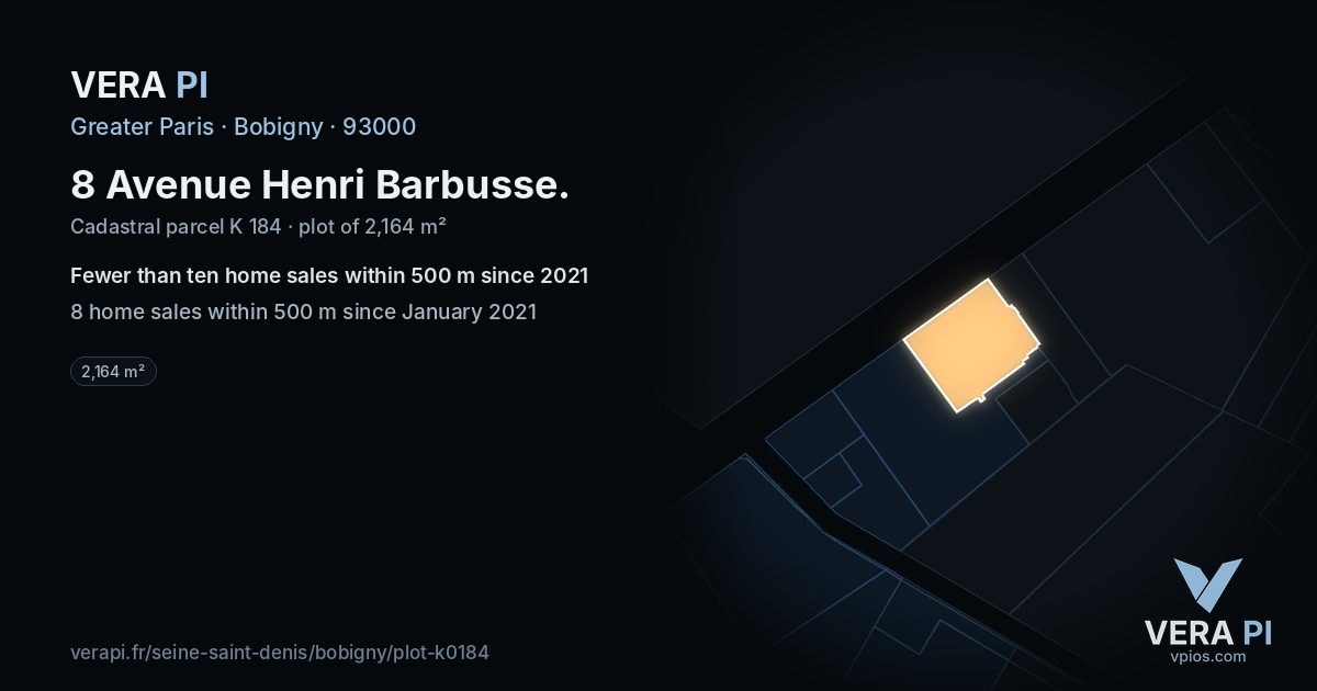8 Avenue Henri Barbusse, Bobigny at night – the plot lit, the parcels around coloured by the prices near them