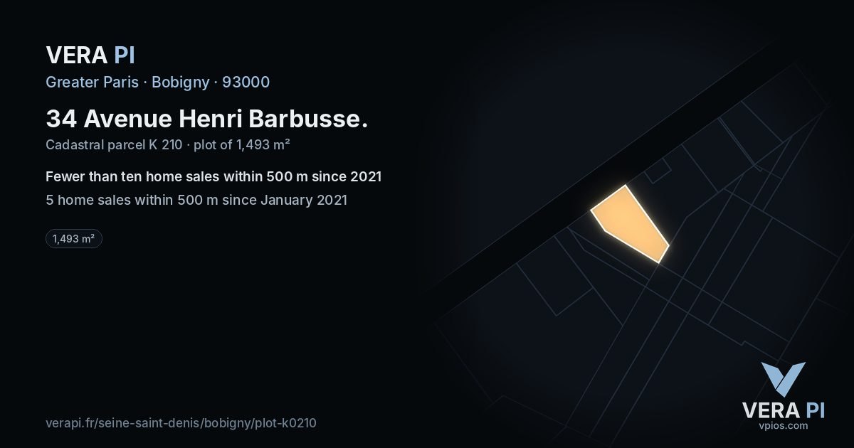 34 Avenue Henri Barbusse, Bobigny at night – the plot lit, the parcels around coloured by the prices near them
