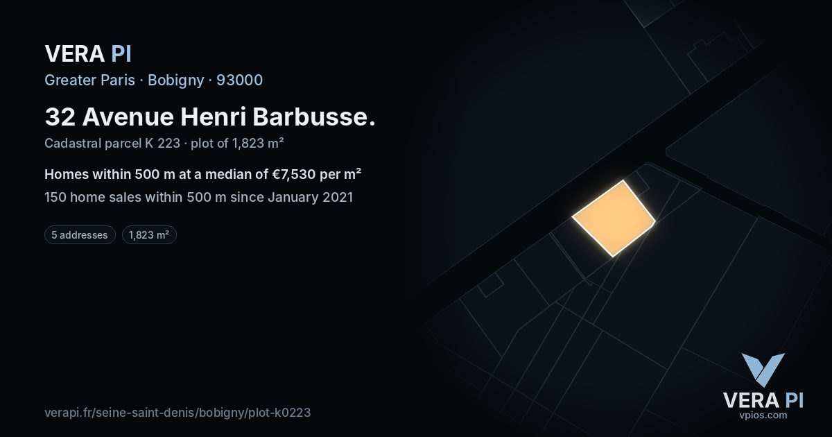 32 Avenue Henri Barbusse, Bobigny at night – the plot lit, the parcels around coloured by the prices near them