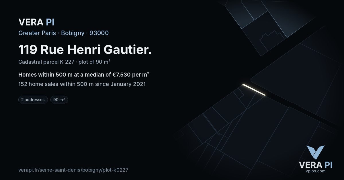 119 Rue Henri Gautier, Bobigny at night – the plot lit, the parcels around coloured by the prices near them