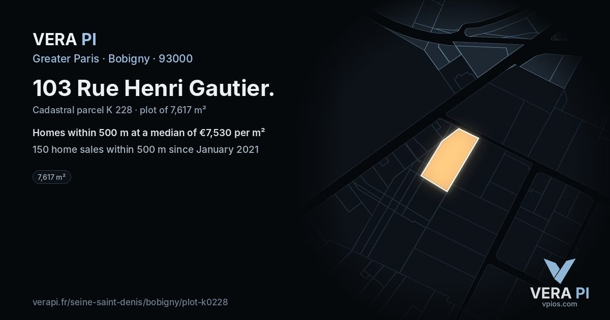 103 Rue Henri Gautier, Bobigny at night – the plot lit, the parcels around coloured by the prices near them