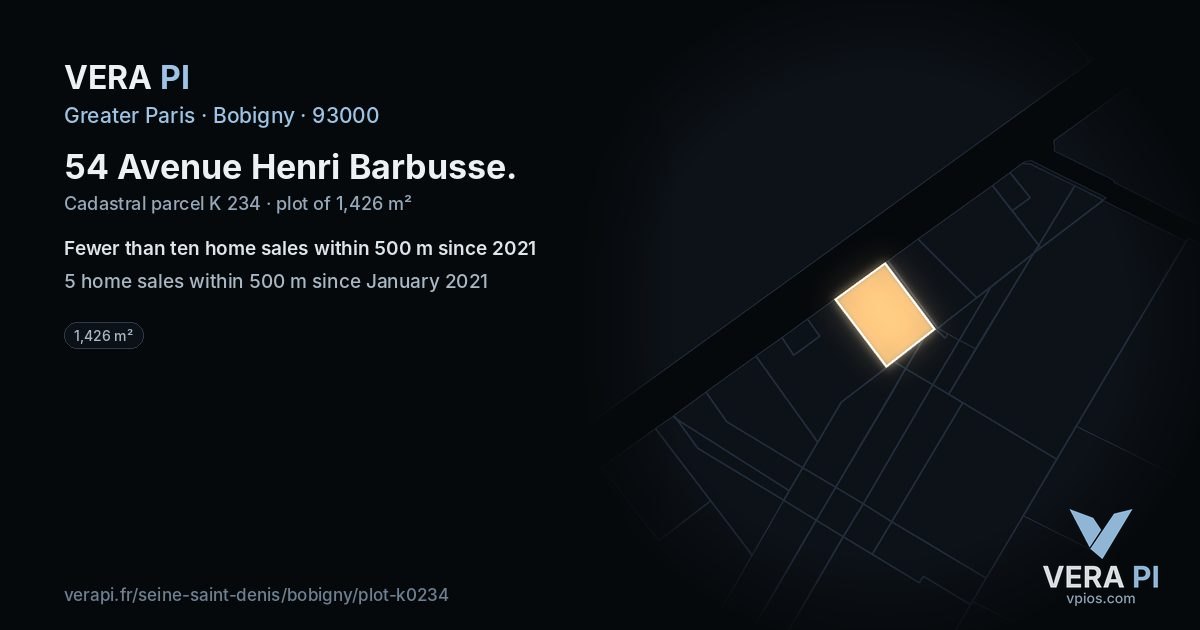 54 Avenue Henri Barbusse, Bobigny at night – the plot lit, the parcels around coloured by the prices near them