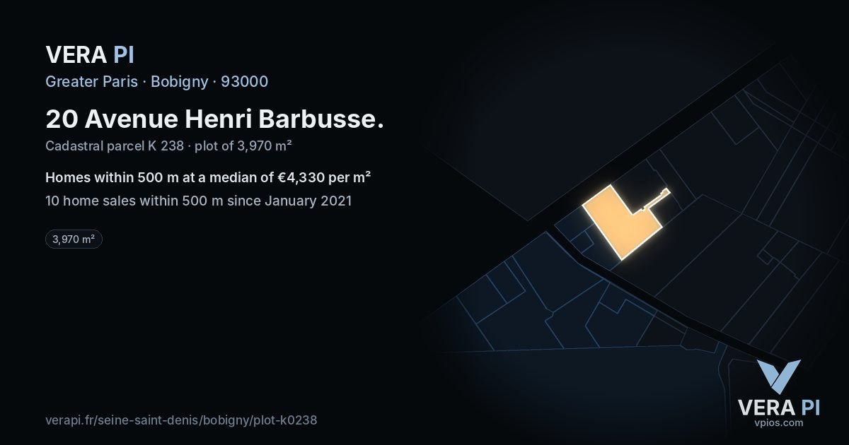 20 Avenue Henri Barbusse, Bobigny at night – the plot lit, the parcels around coloured by the prices near them