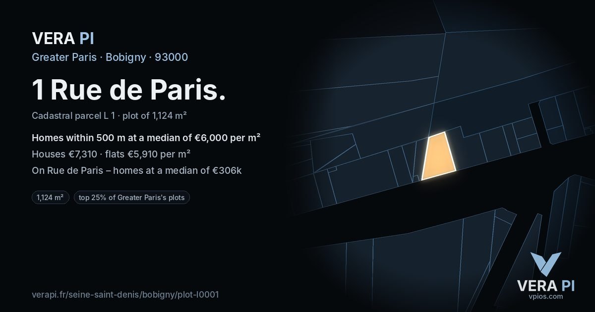1 Rue de Paris, Bobigny at night – the plot lit, the parcels around coloured by the prices near them