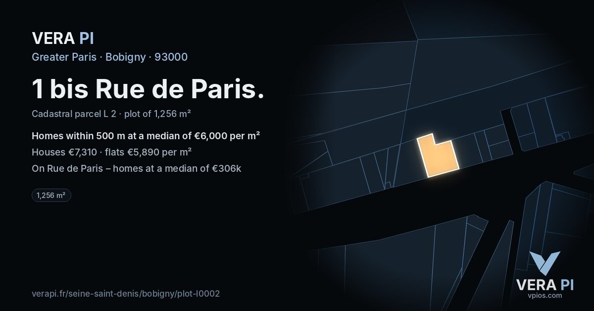 1 bis Rue de Paris, Bobigny at night – the plot lit, the parcels around coloured by the prices near them