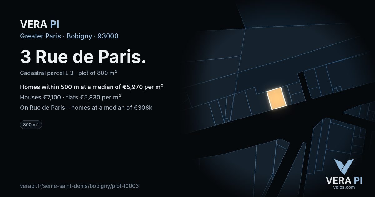 3 Rue de Paris, Bobigny at night – the plot lit, the parcels around coloured by the prices near them