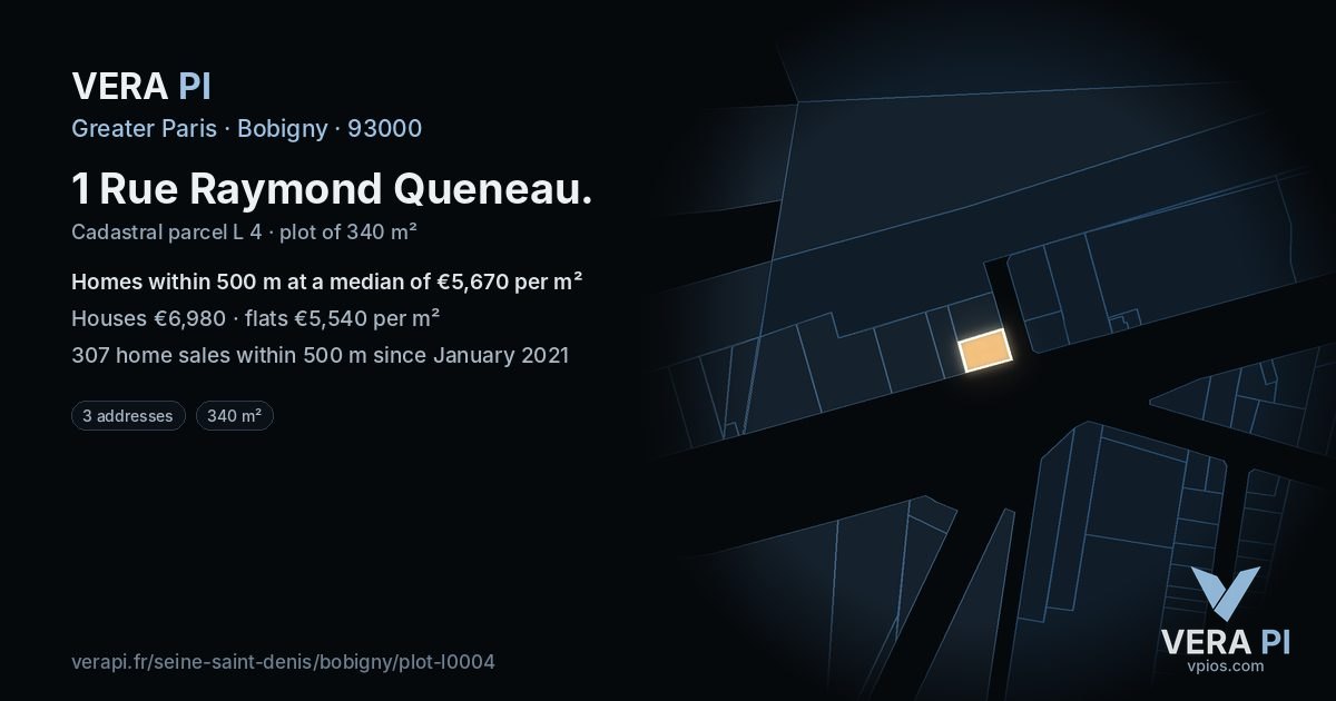 1 Rue Raymond Queneau, Bobigny at night – the plot lit, the parcels around coloured by the prices near them