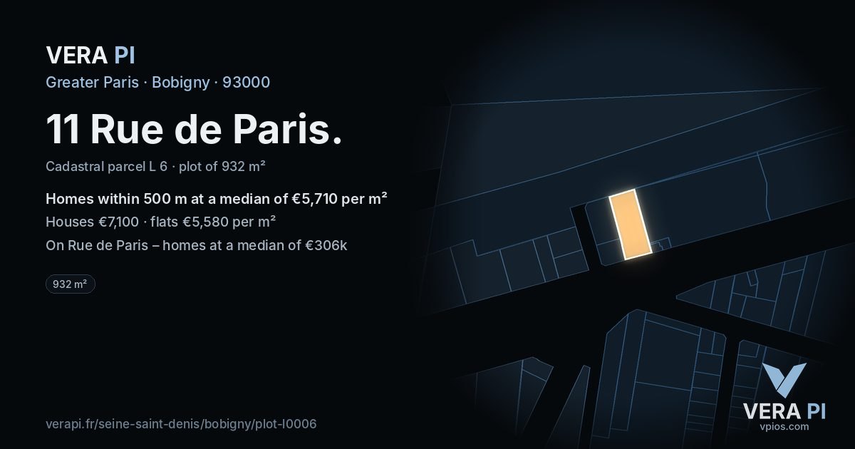 11 Rue de Paris, Bobigny at night – the plot lit, the parcels around coloured by the prices near them