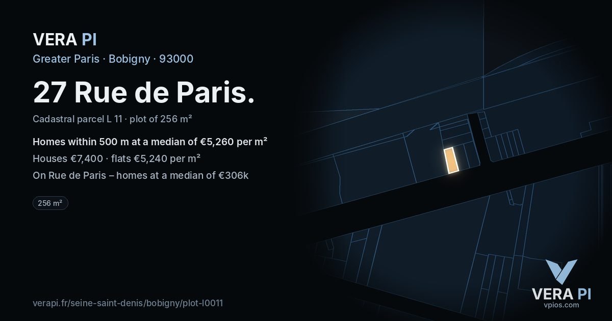 27 Rue de Paris, Bobigny at night – the plot lit, the parcels around coloured by the prices near them