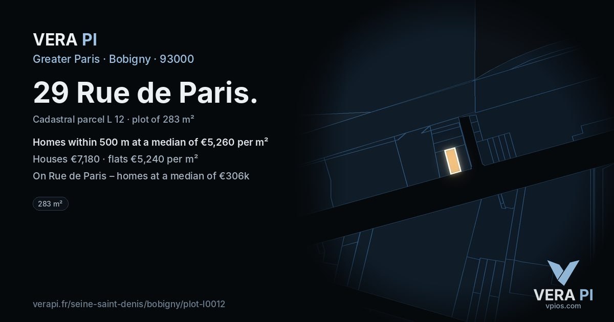 29 Rue de Paris, Bobigny at night – the plot lit, the parcels around coloured by the prices near them