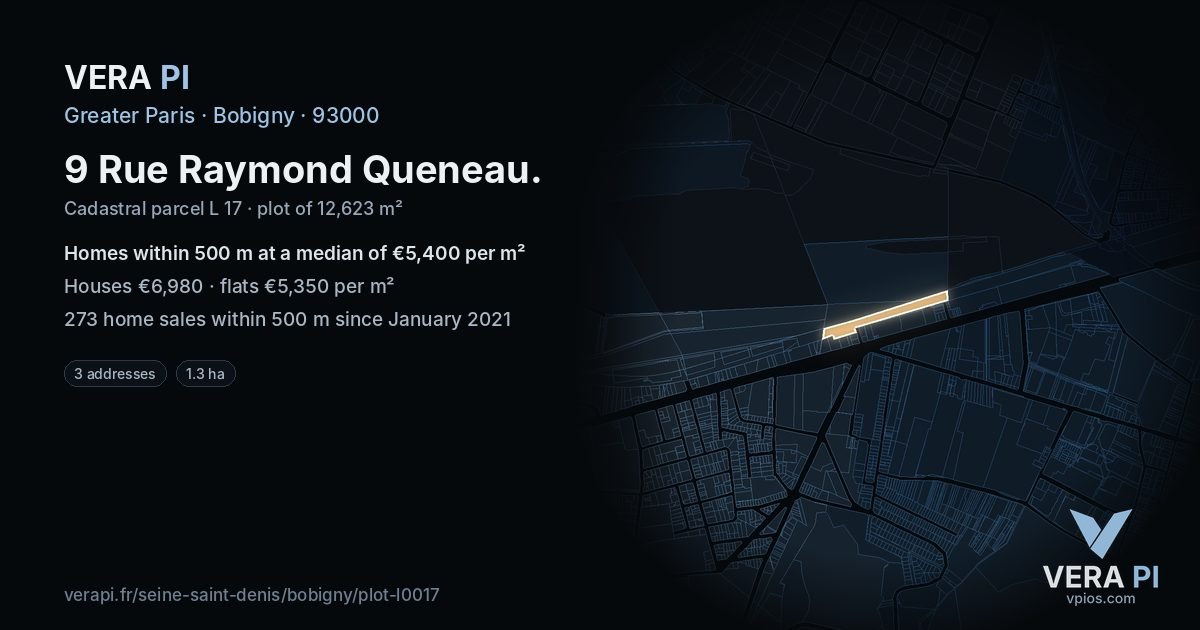 9 Rue Raymond Queneau, Bobigny at night – the plot lit, the parcels around coloured by the prices near them