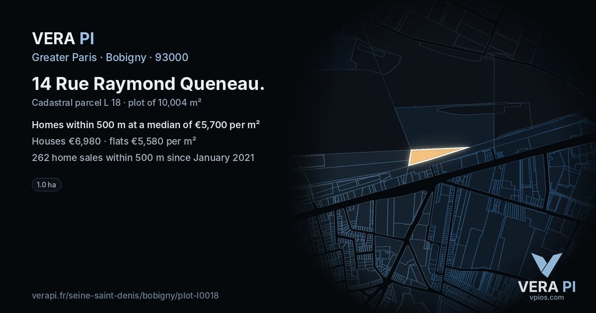 14 Rue Raymond Queneau, Bobigny at night – the plot lit, the parcels around coloured by the prices near them