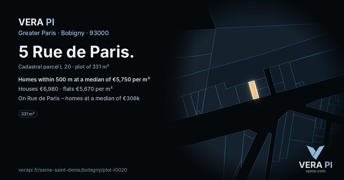 5 Rue de Paris, Bobigny at night – the plot lit, the parcels around coloured by the prices near them