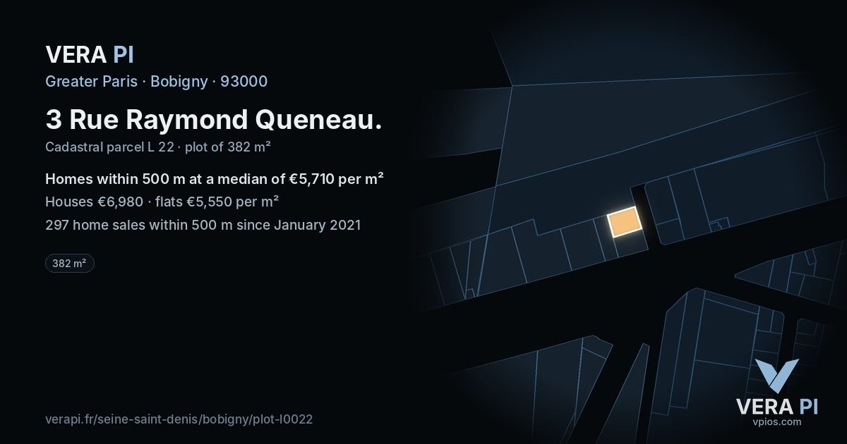 3 Rue Raymond Queneau, Bobigny at night – the plot lit, the parcels around coloured by the prices near them
