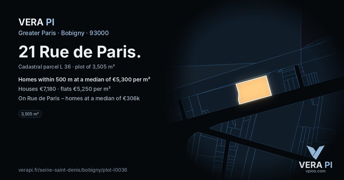 21 Rue de Paris, Bobigny at night – the plot lit, the parcels around coloured by the prices near them