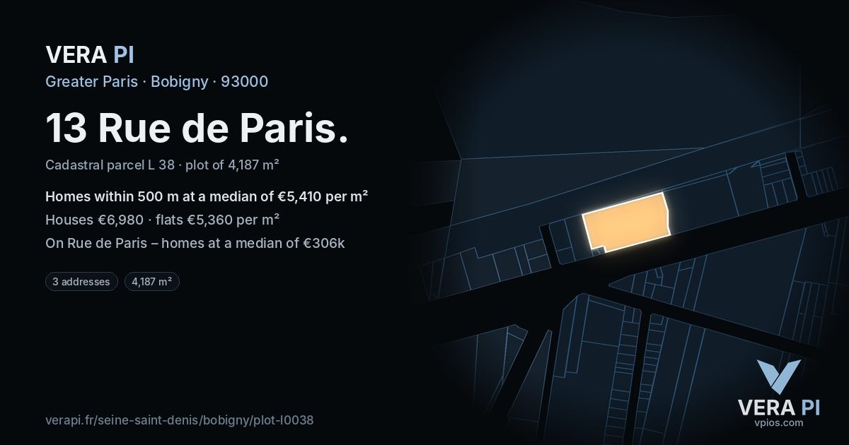 13 Rue de Paris, Bobigny at night – the plot lit, the parcels around coloured by the prices near them