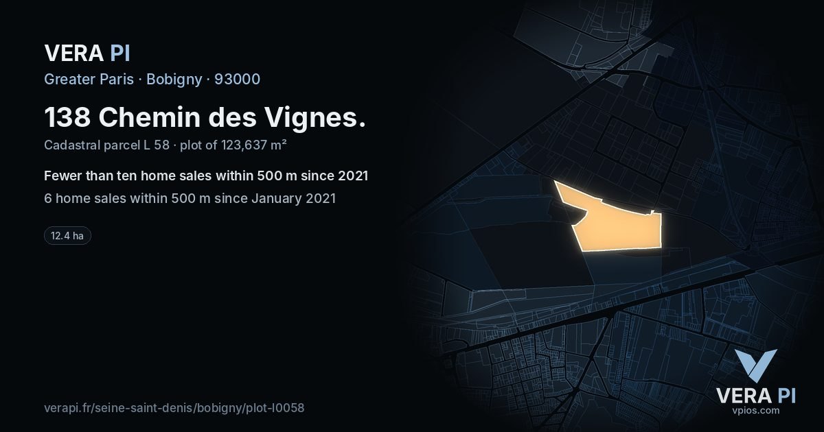 138 Chemin des Vignes, Bobigny at night – the plot lit, the parcels around coloured by the prices near them