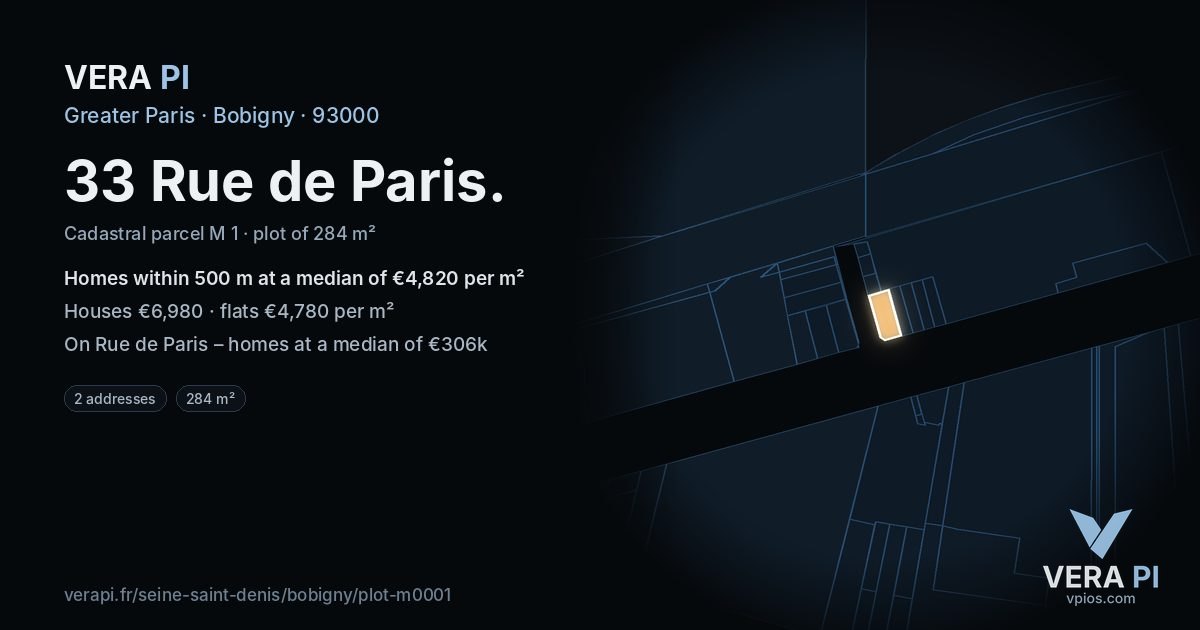 33 Rue de Paris, Bobigny at night – the plot lit, the parcels around coloured by the prices near them