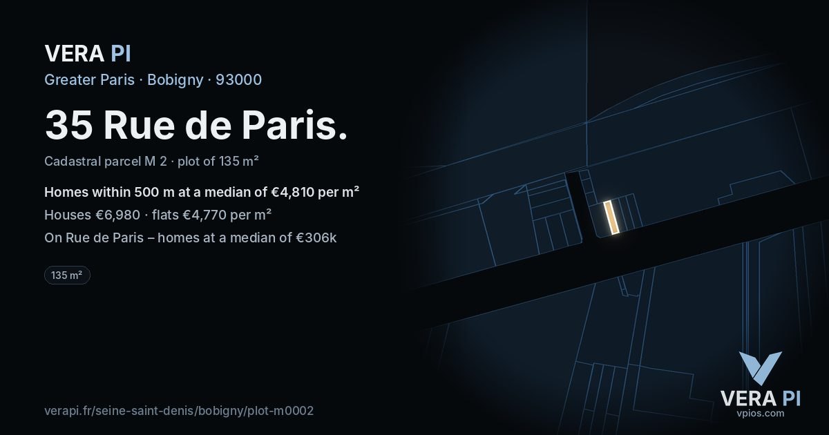 35 Rue de Paris, Bobigny at night – the plot lit, the parcels around coloured by the prices near them