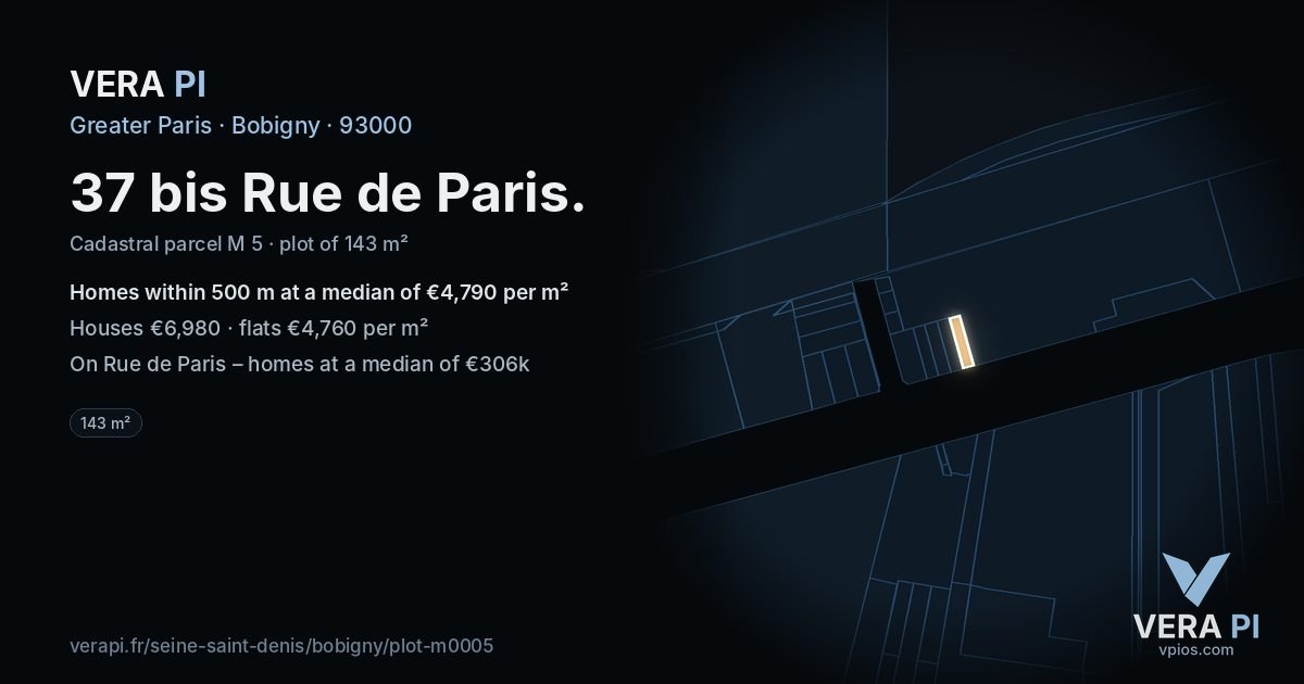 37 bis Rue de Paris, Bobigny at night – the plot lit, the parcels around coloured by the prices near them