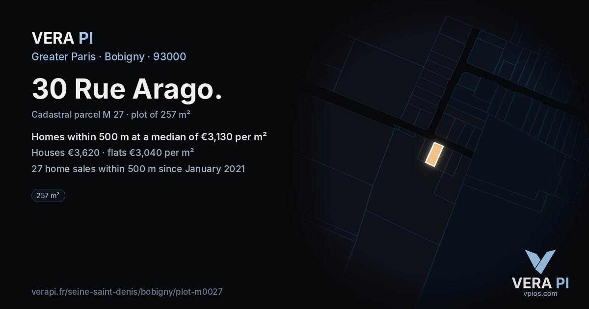30 Rue Arago, Bobigny at night – the plot lit, the parcels around coloured by the prices near them
