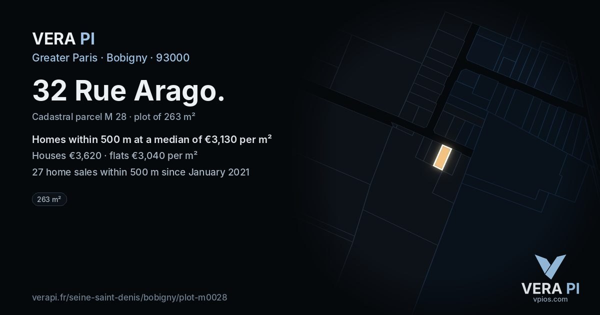 32 Rue Arago, Bobigny at night – the plot lit, the parcels around coloured by the prices near them
