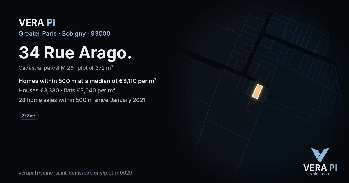 34 Rue Arago, Bobigny at night – the plot lit, the parcels around coloured by the prices near them