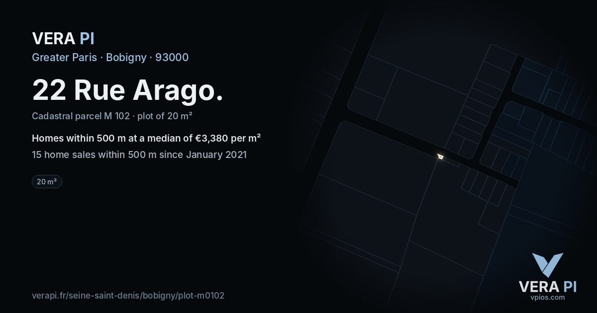 22 Rue Arago, Bobigny at night – the plot lit, the parcels around coloured by the prices near them