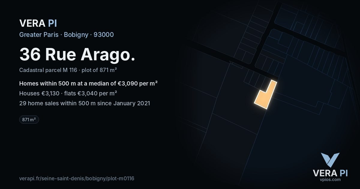 36 Rue Arago, Bobigny at night – the plot lit, the parcels around coloured by the prices near them