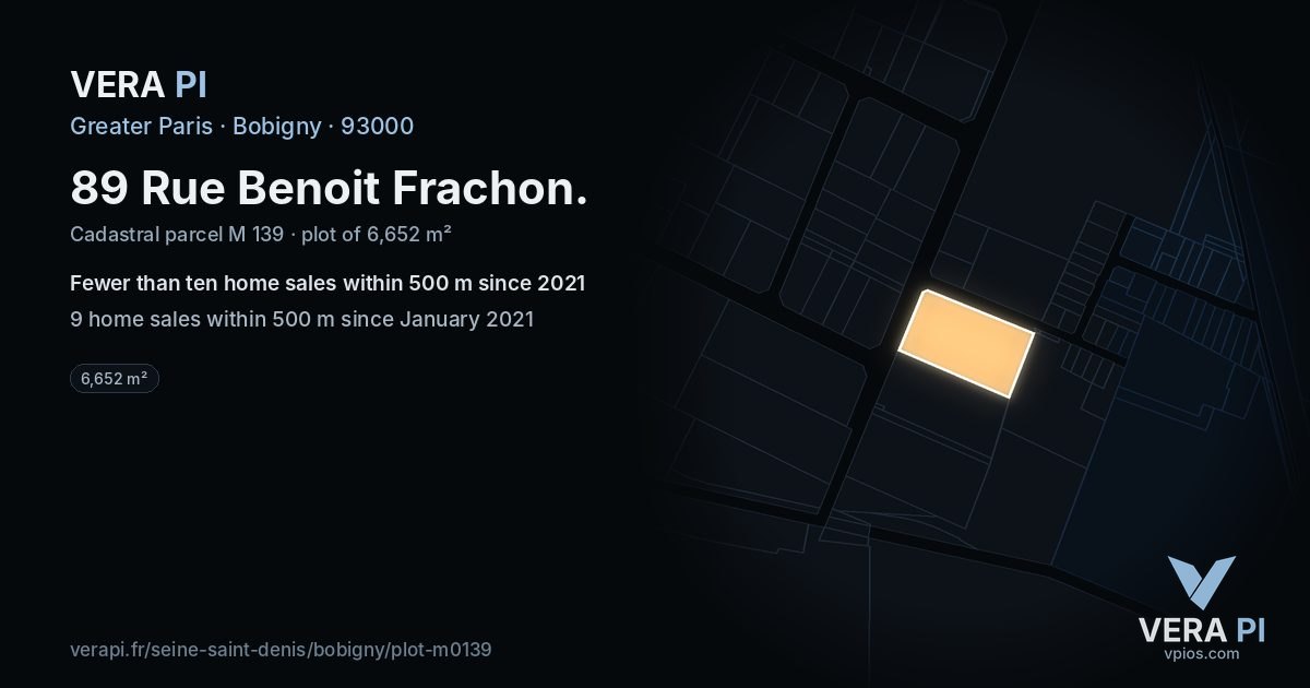 89 Rue Benoit Frachon, Bobigny at night – the plot lit, the parcels around coloured by the prices near them