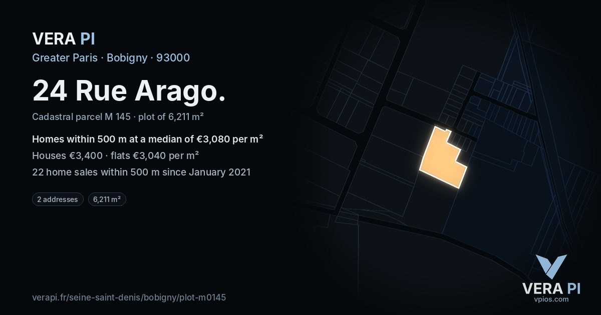 24 Rue Arago, Bobigny at night – the plot lit, the parcels around coloured by the prices near them