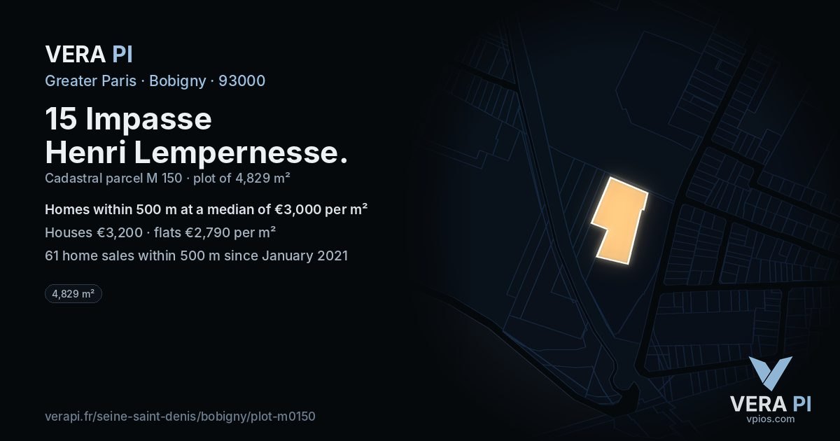 15 Impasse Henri Lempernesse, Bobigny at night – the plot lit, the parcels around coloured by the prices near them