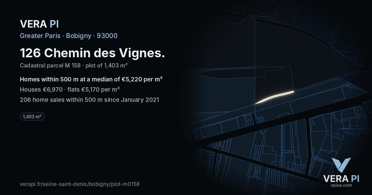 126 Chemin des Vignes, Bobigny at night – the plot lit, the parcels around coloured by the prices near them