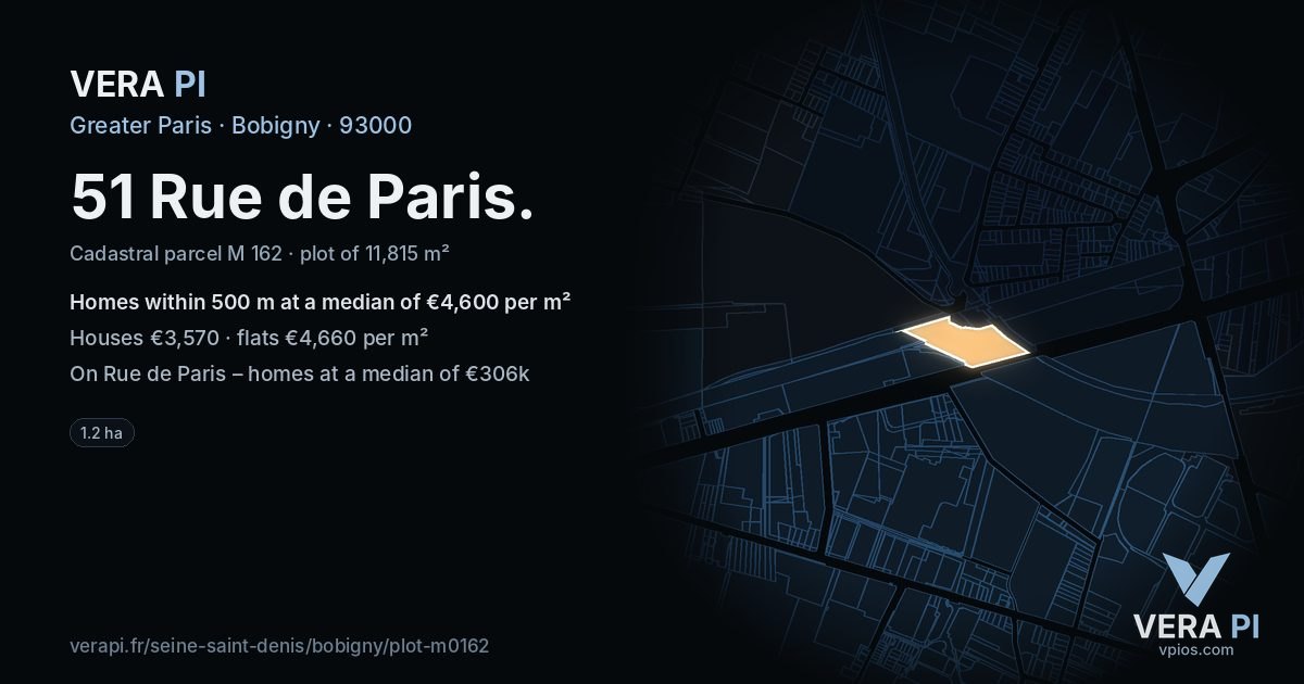 51 Rue de Paris, Bobigny at night – the plot lit, the parcels around coloured by the prices near them