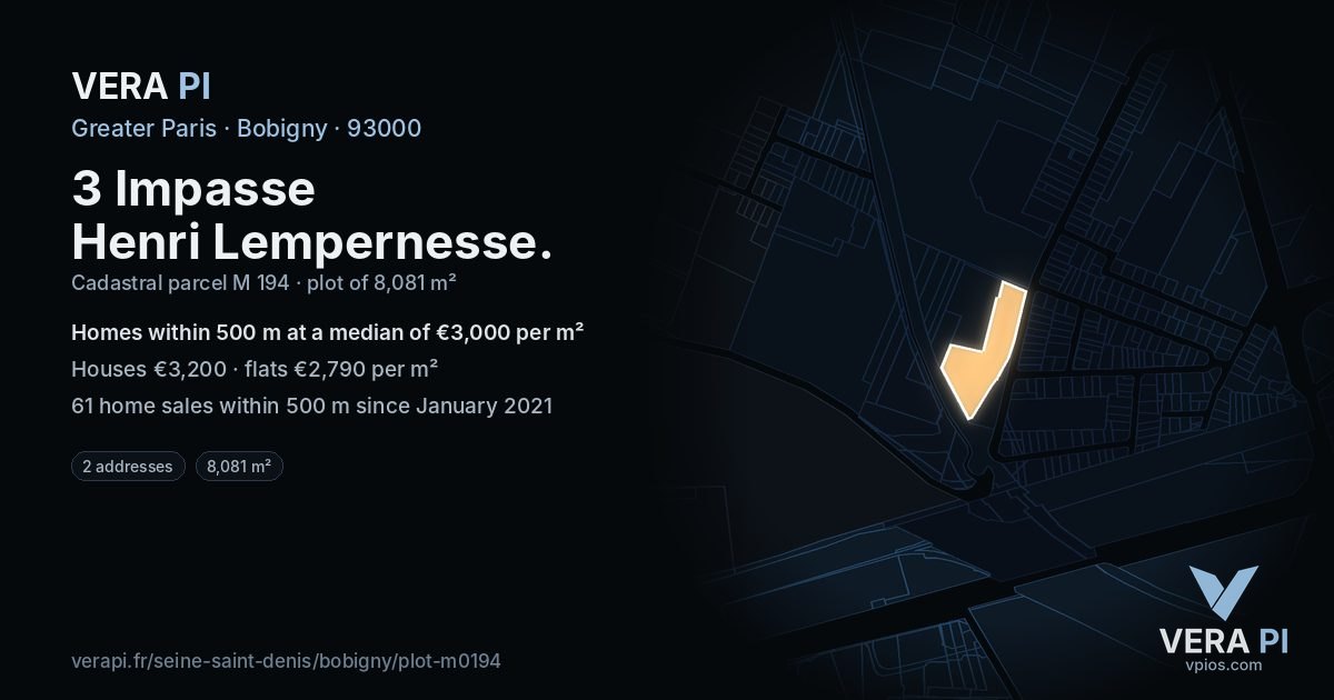 3 Impasse Henri Lempernesse, Bobigny at night – the plot lit, the parcels around coloured by the prices near them