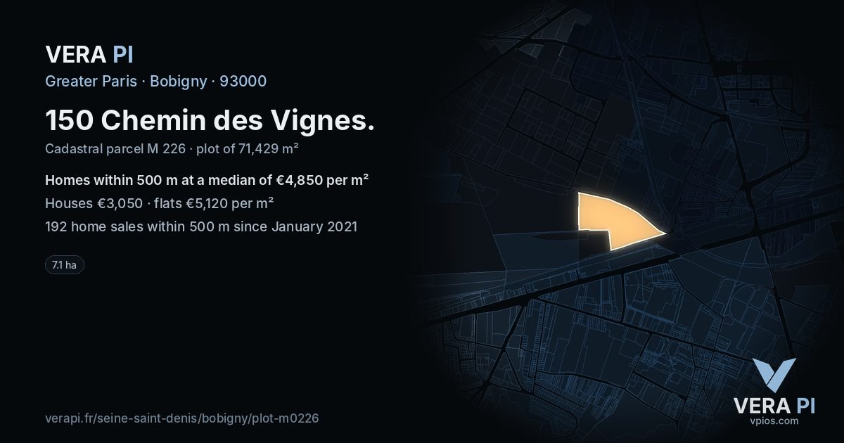 150 Chemin des Vignes, Bobigny at night – the plot lit, the parcels around coloured by the prices near them