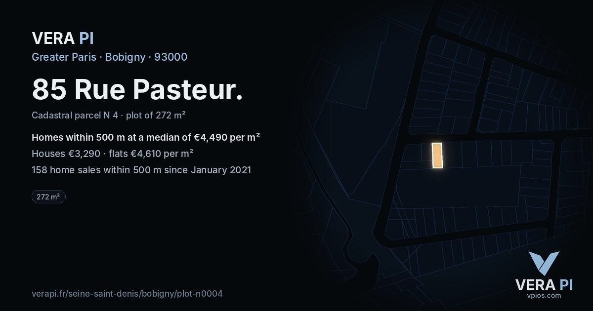 85 Rue Pasteur, Bobigny at night – the plot lit, the parcels around coloured by the prices near them