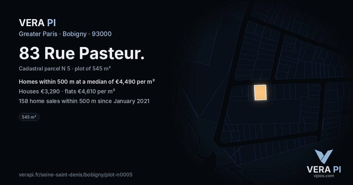 83 Rue Pasteur, Bobigny at night – the plot lit, the parcels around coloured by the prices near them