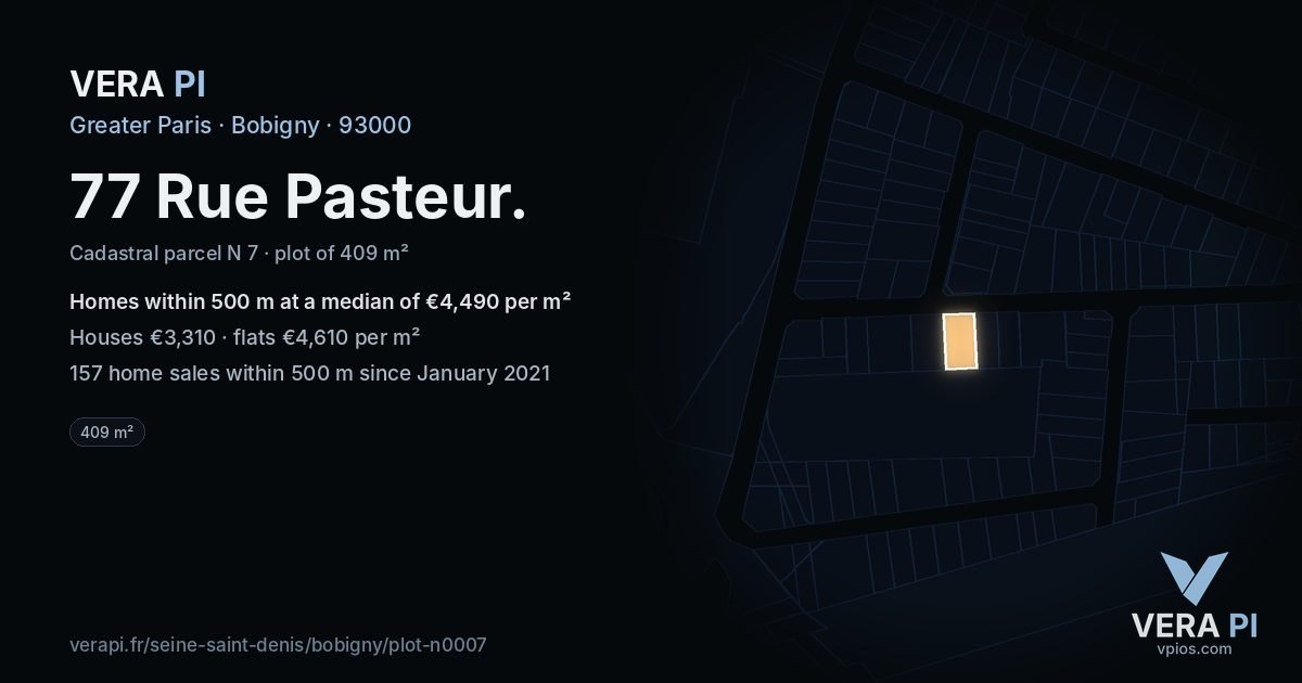 77 Rue Pasteur, Bobigny at night – the plot lit, the parcels around coloured by the prices near them
